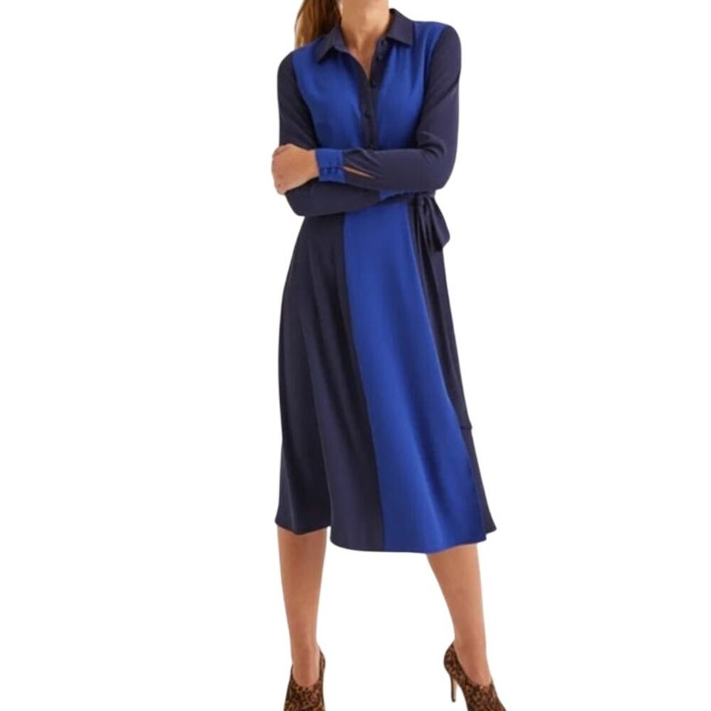 Boden NWT Betty Midi Shirt Dress 2P(US) 6P(UK) Silky Belted Cobalt and Navy Blue